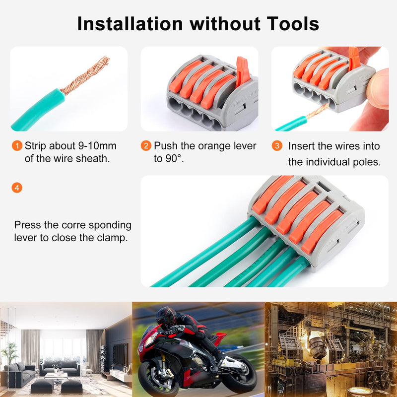 Zhushan 100 PCS Compact Wire Conductor Connector Set,2/3/4/5 Port Push-in Lever Wire Nut Connector Kit, Quick Connection Terminal 28-12 AWG 100pcs - NewNest Australia