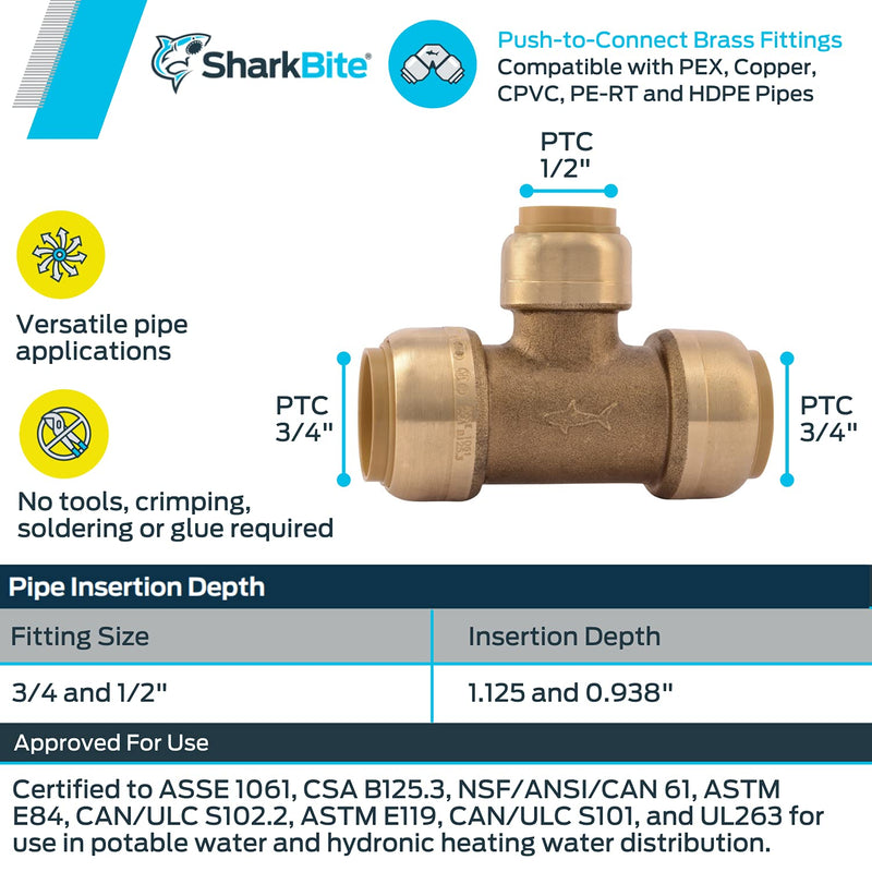 SharkBite U412LFA Plumbing Fitting, 3/4 inch x 3/4 inch x 1/2 inch, Brass - NewNest Australia