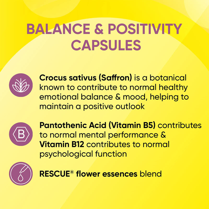 Rescue Balance and Positivity Capsules (30 Day Supply) Saffron, B5 B12 Vitamins, Flower Essences, Vegan Mood Enhancer Capsules for Emotional Balance and Busy Days - NewNest Australia
