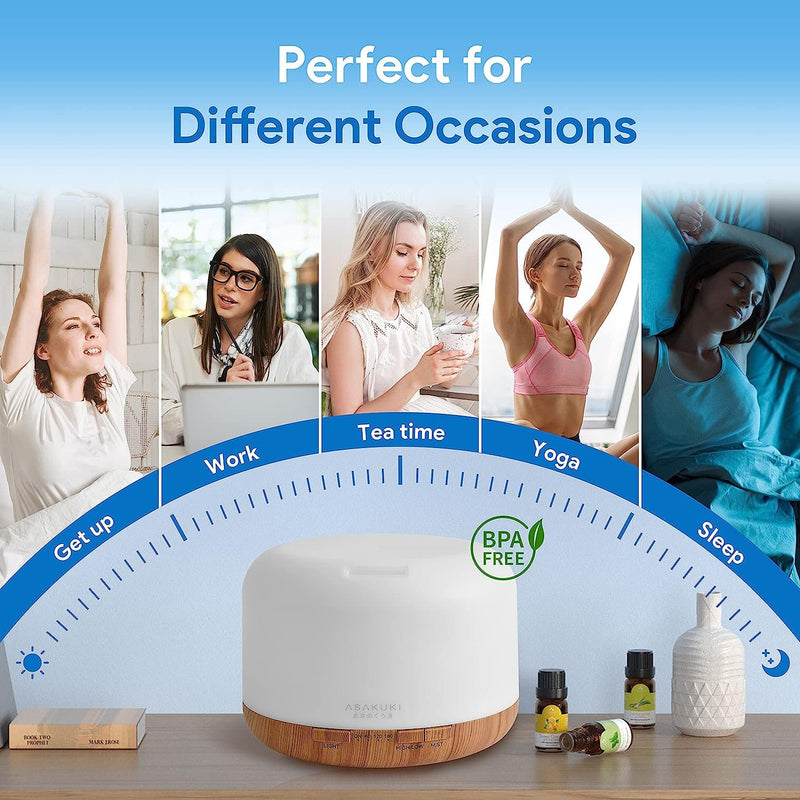 ASAKUKI 500ml Essential Oil Diffuser, Premium 5 In 1 Ultrasonic Aromatherapy Scented Oil Diffuser Vaporizer Humidifier, Timer and Waterless Auto-Off, 7 LED Light Colors Light Wood Grain - NewNest Australia
