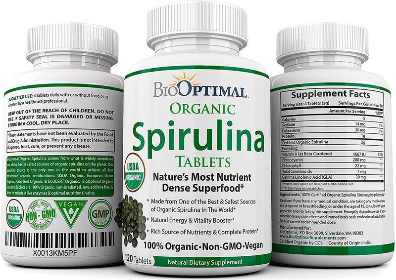 BioOptimal Organic Spirulina Tablets, 100% USDA Organic, Premium Quality 4 Organic Certifications, Non-GMO, No Additives Capsules or Fillers, 120 Count 1 Month Supply 120 Count (Pack of 1) - NewNest Australia
