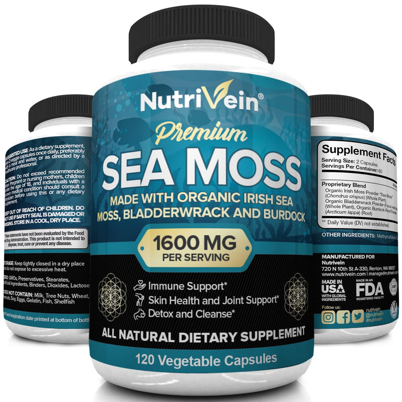 Nutrivein Organic Sea Moss 1600mg Plus Bladderwrack & Burdock - 120 Capsules - Prebiotic Super Food Boosts The Immune System & Digestive Health - Thyroid, Healthy Skin, Keto Detox, Gut, Joint Support - NewNest Australia