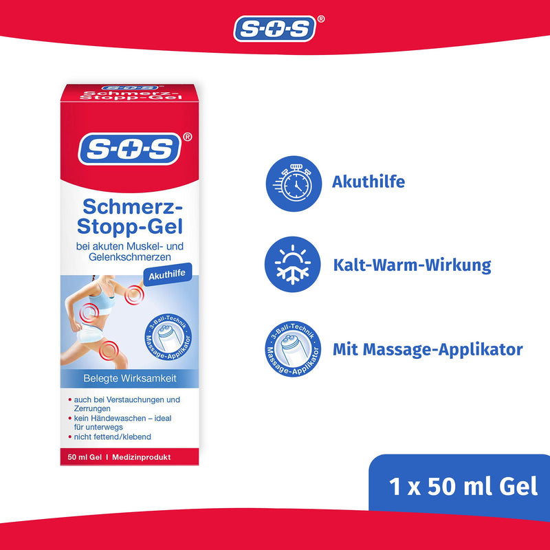 SOS Pain Stop Gel, Pain Gel for Quick Relief of Muscle Pain, Joint Pain and Post Traumatic Pain, with Massage Applicator and Cold Warm Effect, 1 x 50 ml Gel - NewNest Australia