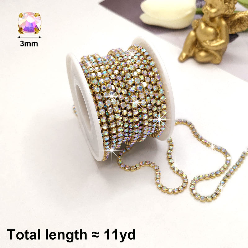 Yhsheen 11 Yard 3MM Rhinestone Rhinestone Trim Crystal Rhinestone Chain Sparkly Rhinestone Applique for Wedding Party Embellishment Clothing Accessories (3MM, AB Stone in Gold Base) - NewNest Australia