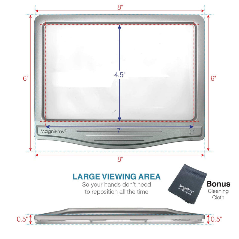 MagniPros 3X Large Ultra Bright LED Page Magnifier with 12 Anti-Glare Dimmable LEDs (Provide More Evenly Lit Viewing Area & Relieve Eye Strain)-Ideal for Reading Small Prints & Low Vision & Aging Eyes Silver - NewNest Australia