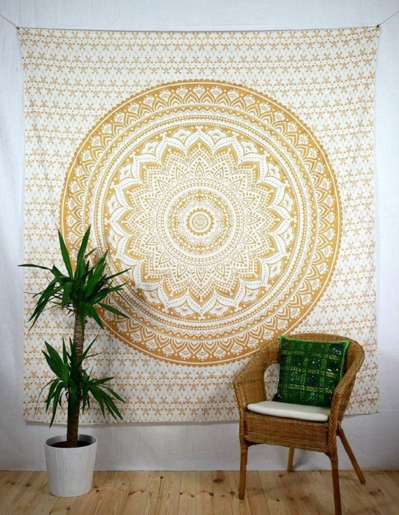 NewNest Australia - THE ART BOX Indian Hippie Mandala Tapestry Wall Hanging Psychedelic Bedding Wall Art Bohemian Wall Tapesty Hanging Trippy Tapastry Twin Bedspread Bedroom Tapestry Gold Twin (140 x 210 Cms / 55 x 82 Inches) 