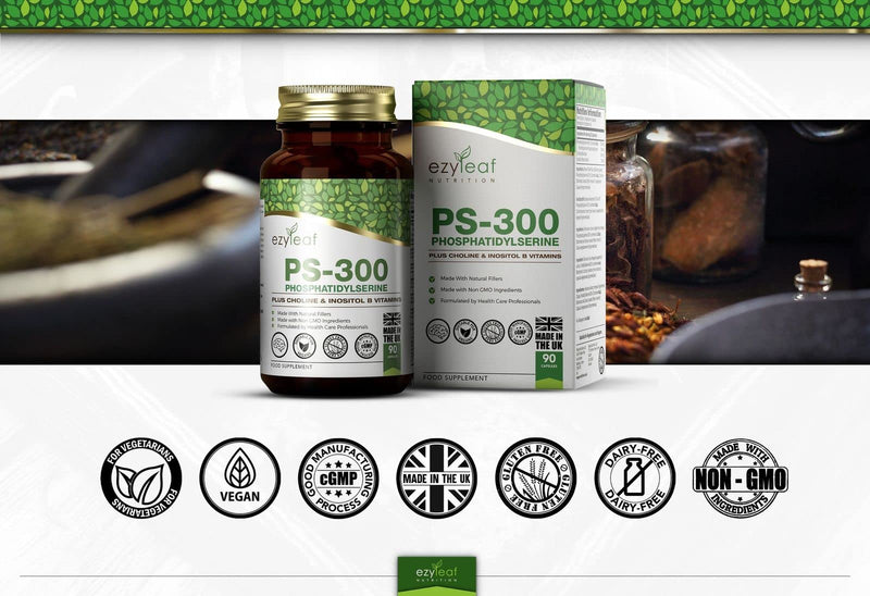 Ezyleaf Phosphatidylserine Ps-300 With Choline Bitartrate & Myo-Inositol | 90 High Dose Capsules Phosphatidyl Serine - 300Mg | Phosphatidylserine, Choline | Gmo & Gluten Free, Iso Certified - NewNest Australia