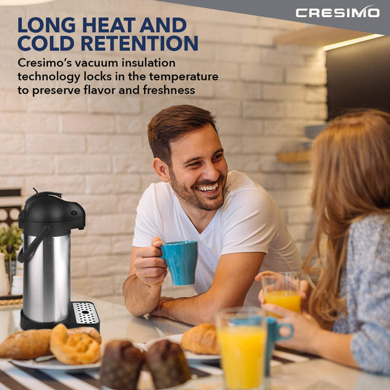 Cresimo 3L (101 oz) Airpot Thermal Coffee Carafe with Included Coffee Drip Tray and Cleaning Brush/Lever Action Stainless Steel Insulated Thermos / 12 Hour Heat and Cold Retention 3L with Drip Tray - NewNest Australia