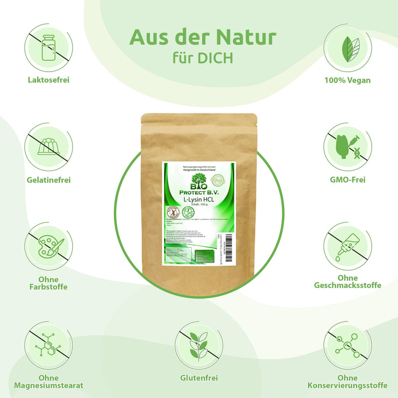 L-Lysine powder 500 grams without additives - 100% pure and without magnesium stearate - Vegan - Lysine HCL from Bio Protect BV 500 g (pack of 1) - NewNest Australia