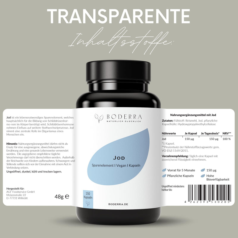 Boderra Iodine Capsules - 5 Month Supply - 100% Vegan, & Bioavailable - 150 High-Dose Iodine Tablets With 150¬µg Iodine Per Daily Dose - Iodine Tablets Without Artificial Additives - NewNest Australia