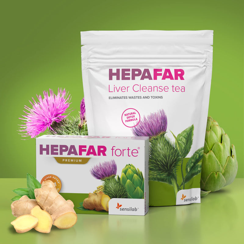 Hepafar liver detox package - milk thistle, artichokes, green tea, dandelion complex - vitamin E, phospholipids - 60 capsules, 40 tea bags for 30 days - Innovative patented detoxification - Sensilab Hepafar liver detox package - NewNest Australia