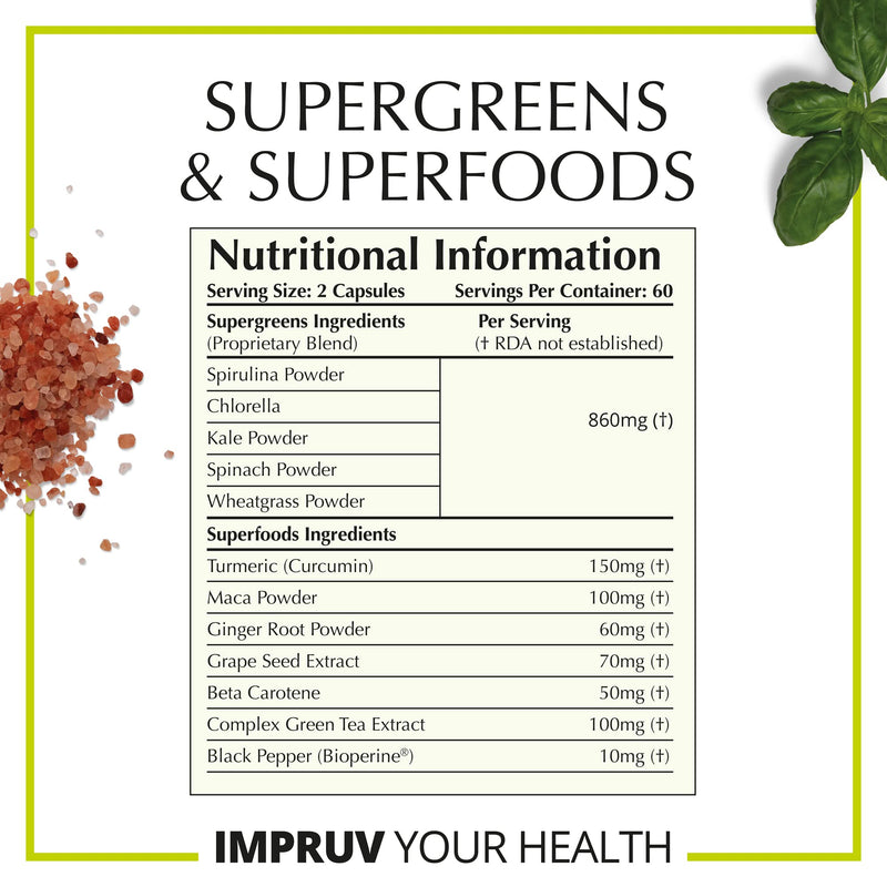 IMPRUVIT SUPERGREENS & SUPERFOOD CAPS 60 Vegan Capsules with Spirulina Turmeric Ginger Root Black Pepper Maca Root. Plant Based Antioxidant Anti-Inflammatory That Supports Whole Body Health & Immunity - NewNest Australia