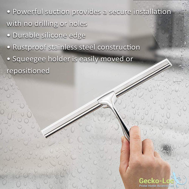 Gecko-Loc 🦎 Bathroom Squeegee for Shower w Sleek Suction Cup Hook for Glass, Mirror, Door Cleaner - (Rustproof Stainless Steel) Adhesive DISKS Included! - NewNest Australia