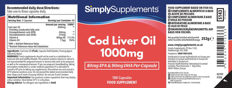 Cod liver oil 1000mg - 360 capsules - supply for up to 1 year - SimplySupplements - NewNest Australia