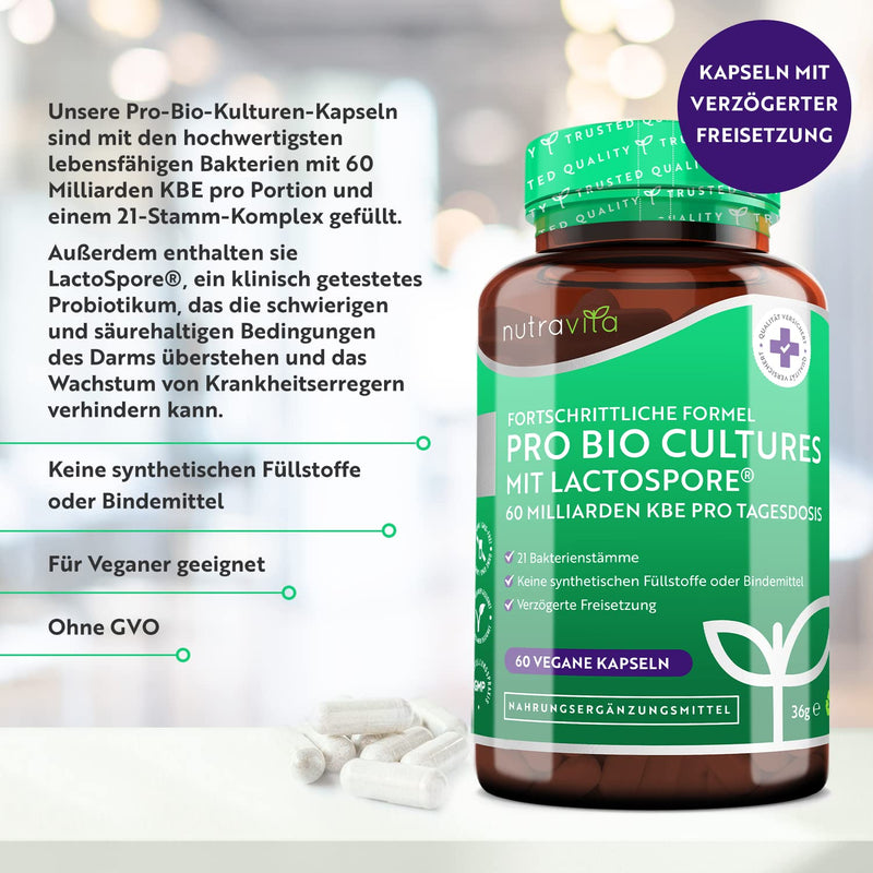 Pro Bio Cultures Complex - 60 Billion Cfu Per Daily Dose With 21 Bacterial Strains - Premium - With Lactospore - With High Efficiency And Intensive Active Ingredient Content - Made By Nutravita - NewNest Australia