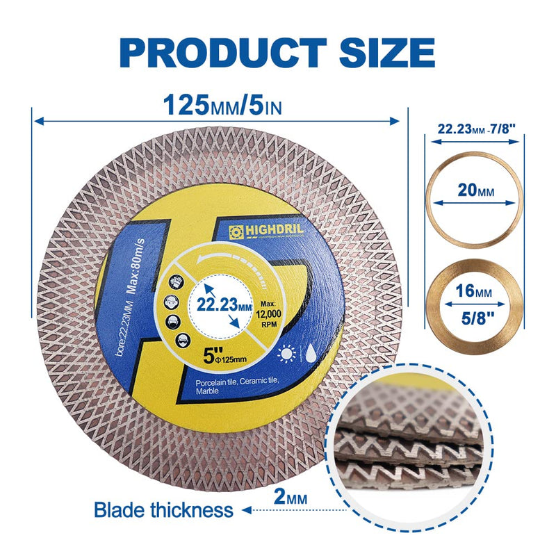 HIGHDRIL Tile Diamond Saw Blade Cutting Disc Wheel 5"/125mm for Dry/Wet Cutting & Grinding Porcelain Granite Marble Ceramic Artificial Stone 1 5 Inch - NewNest Australia