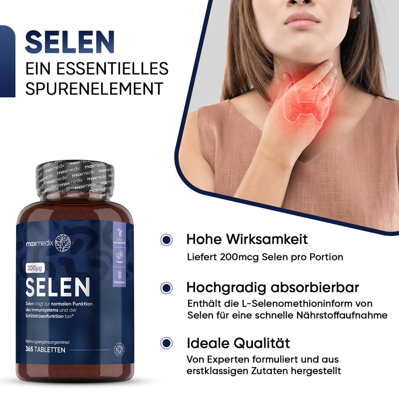 Selenium 200 Œºg High Dose - Selenium Methionine - 365 Vegan Tablets For Thyroid, Immune System, Protection Against Oxidative Stress, Hair & Nails (Efsa) - Pure Selenium For 1 Year Supply Of Maxmedix - NewNest Australia