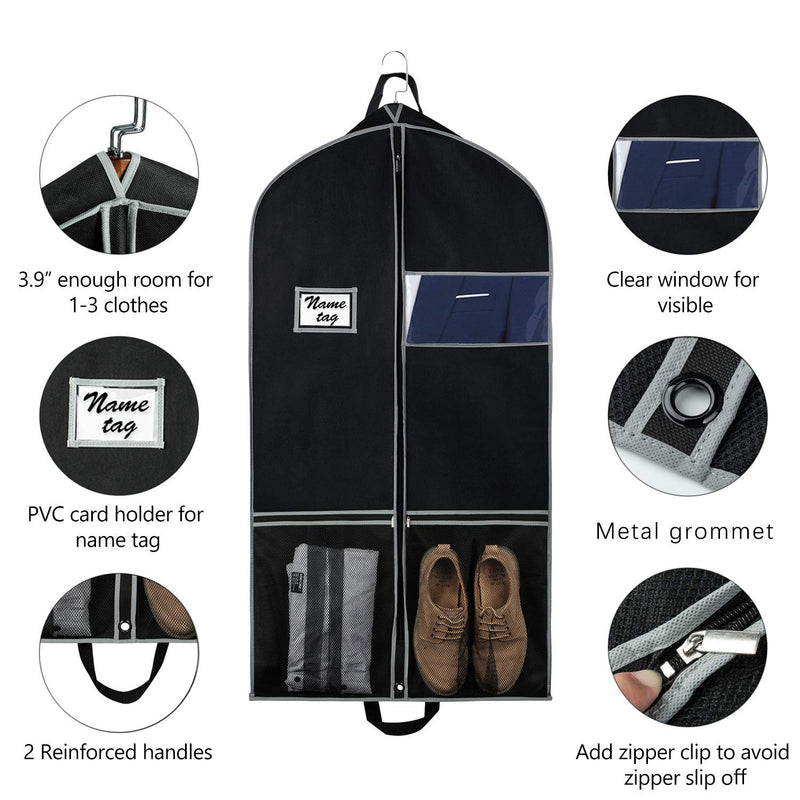 NewNest Australia - Zilink Breathable Garment Bags Suit Bags for Travel 43" Dress Suit Cover with 2 Large Mesh Pockets and a PVC Card Holder, Black 