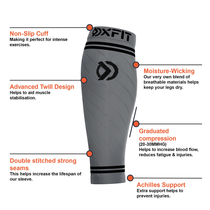 OXFIT Calf Compression Sleeve for Men & Women - Shin Splints Support, Calf Sleeves Ideal for Running, Injury Recovery, Leg Socks, Muscle Cramps - Pair (S, Grey) S - NewNest Australia