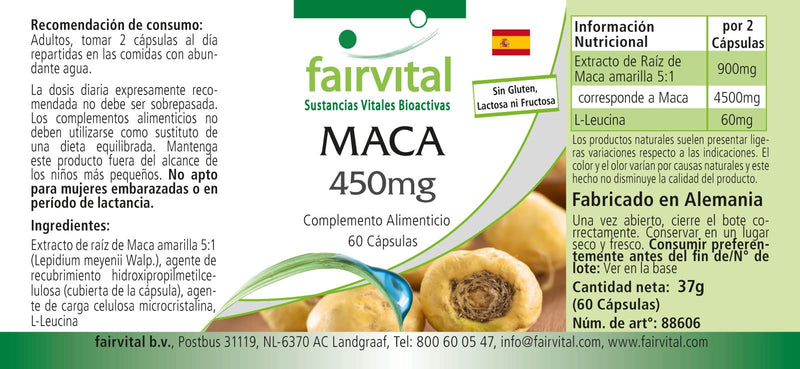Fairvital | Maca Kapseln 450mg - HOCHDOSIERT - VEGAN - 60 Kapseln - 4-fach konzentrierter Wurzelextrakt - NewNest Australia