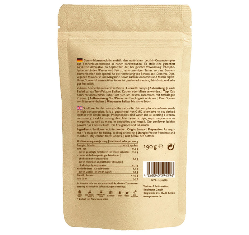 Sunflower Lecithin Powder, Lecithin Powder From Sunflower Seeds, Vegan Phosphatidylcholine Emulsifier, Sunflower Lecithin Powder, Phosphatidylcholine, Pureraw 380 G (= 2 X 190 G) - NewNest Australia
