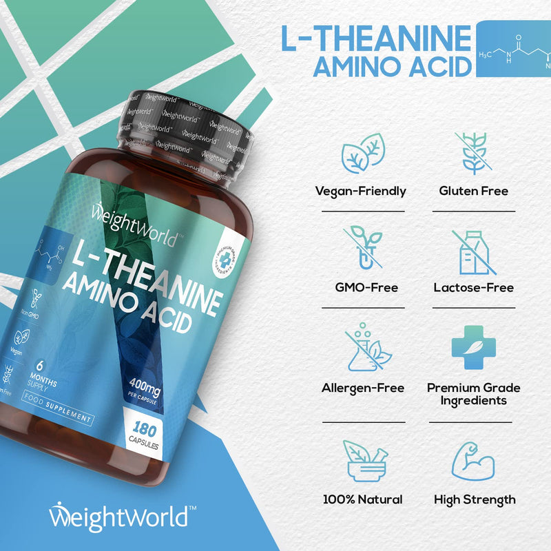 L Theanine 400mg - 6 Months Supply (180 Vegan L Theanine Capsules) - Natural Nootropics Supplements - Alternative to Coffee - High Strength Amino Acid Supplement - One Capsule A Day - Gluten Free - NewNest Australia