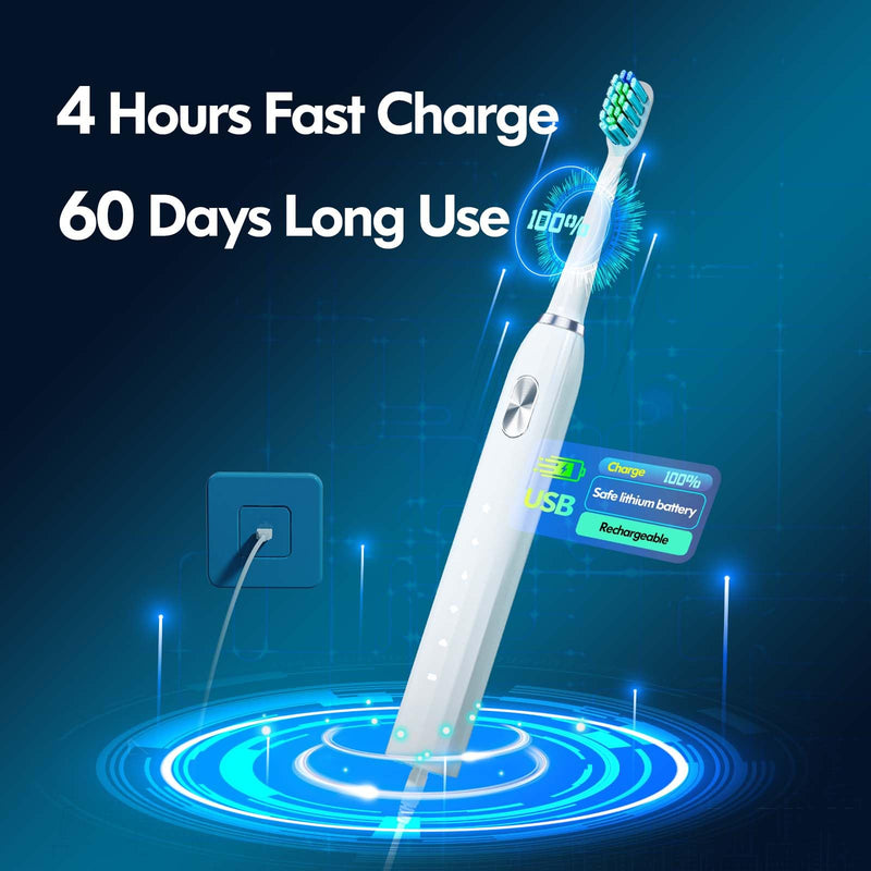 Dada-Tech Electric Toothbrush With Sonic Technology, For Adults And Children, Rechargeable With Automatic Cleaning Reminder, Waterproof For Shower, 5 Toothbrush Modes (New White) - NewNest Australia