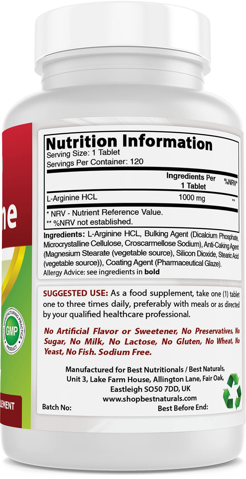 3 Pack - Best Naturals L-Arginine 1000 mg 120 Tablets - Pharmaceutical Grade L Arginine Supplement Promotes Nitric Oxide Synthesis (Total 360 Tablets) - NewNest Australia