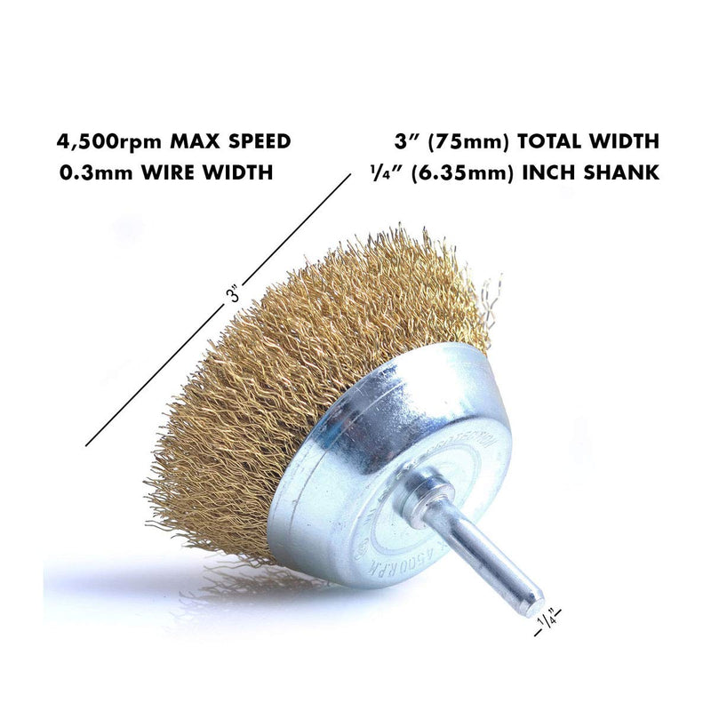 3"(75mm) Wire Cup Brush with 1/4" Shank Brass Steel Crimp Wheel Heavy Duty Wires Brushes for Metal, Removal of Rust Corrosion Paint 3PCS - NewNest Australia