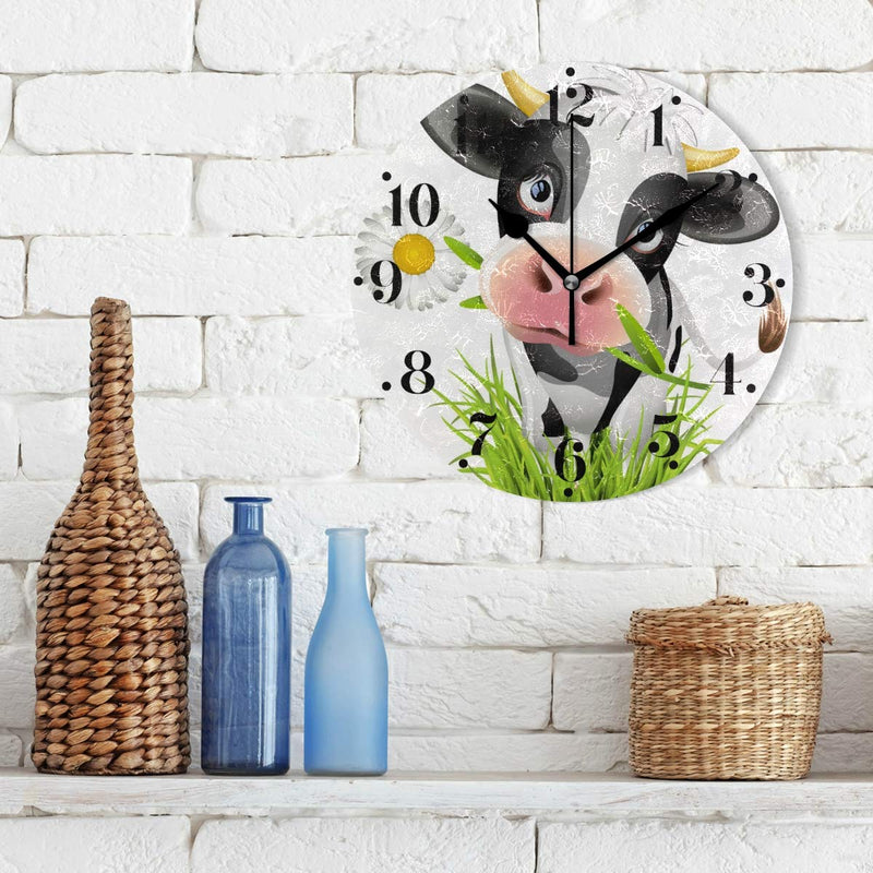 NewNest Australia - Hupery Cute Holstein Cow Wall Clock Silent Non Ticking Round Wall Hanging Clock Battery Operated Black Hands Decorative Wall Clocks for Bedroom Living Room Kitchen Office School Black25x25cm 