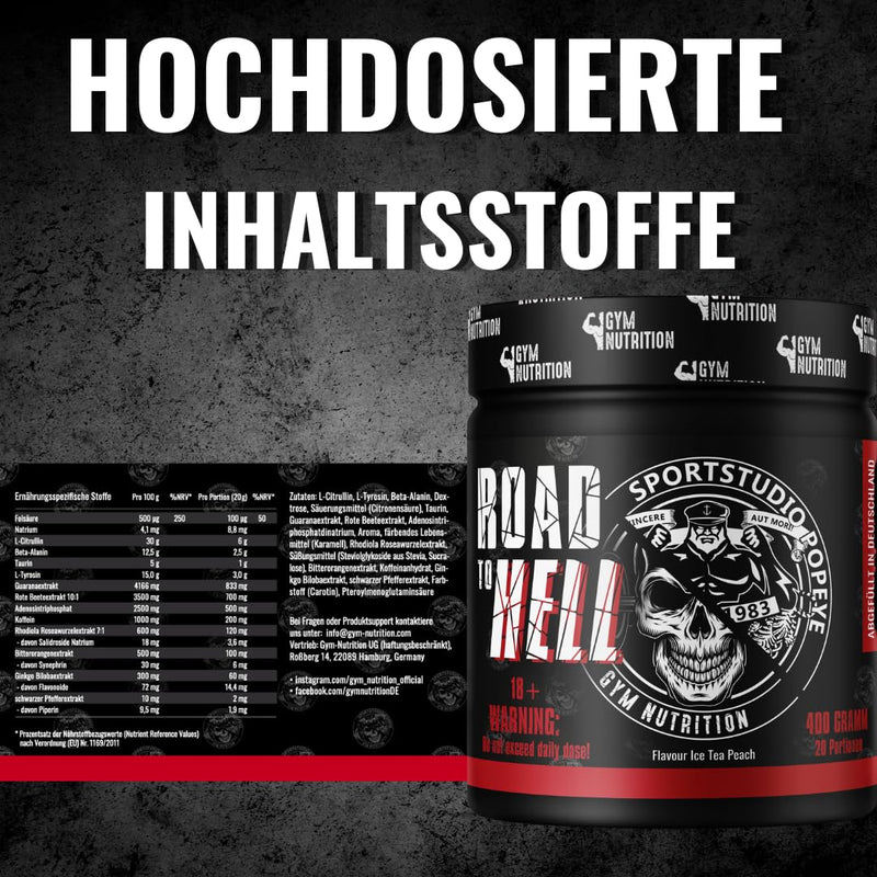 Road To Hell Ultra Hardcore Booster Pre Workout Powder Atp + L-Arginine + Citrulline + Beta Alanine + Caffeine 400 G In Collaboration With Sports Studio Popeye Ice Tea Peach Flavor Vegan - NewNest Australia