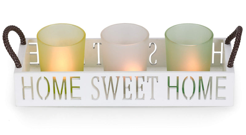 NewNest Australia - Dawhud Direct Home Sweet Home 3 Glass Candle Holder Set, LED Tealights and Decorative Tray 