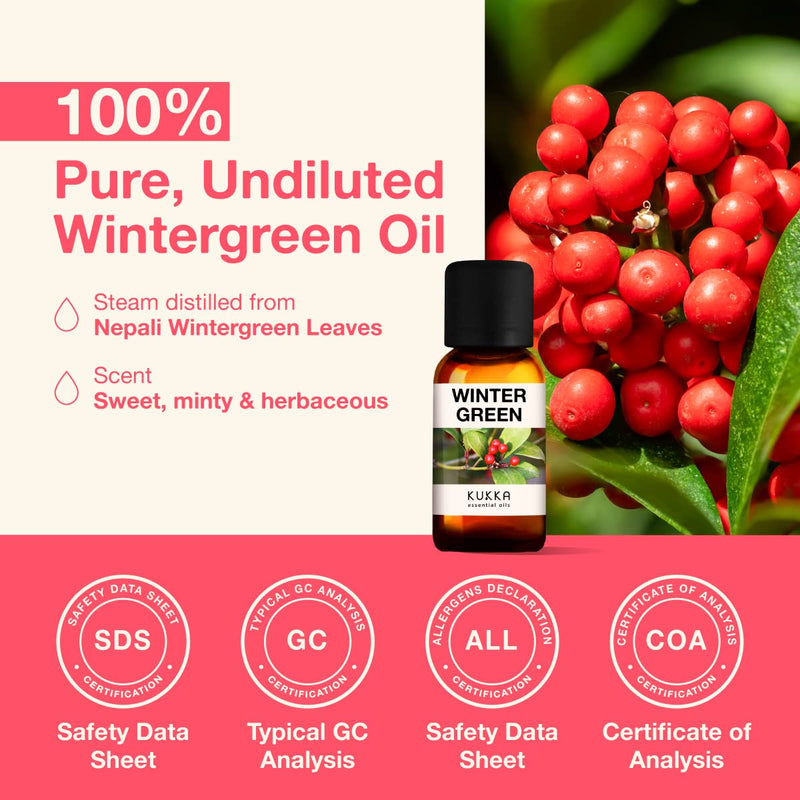 Kukka Wintergreen Essential Oil For Pain - 100% Pure And Natural Therapeutic Grade Aromatherapy For Refreshing, Winter Green, Crisp & Woody Fragrance - Winter Green Oil (10Ml) - NewNest Australia