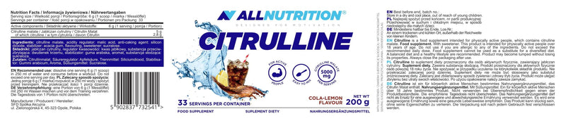 Allnutrition Citrulline Malate Powder Amino Acids L-Citrulline - Protein-Rich Diet Support For More Efficient Training - Energy Boost Reduces Fatigue - 200G Cola Lemon - NewNest Australia