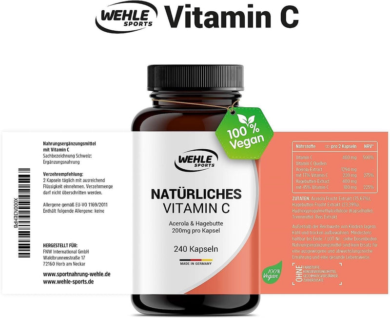High-dose natural vitamin C - 240 vegan capsules 4 month supply of acerola extract and rose hip extract 400 mg pure vitamin C per daily dose (2 capsules) laboratory tested - NewNest Australia