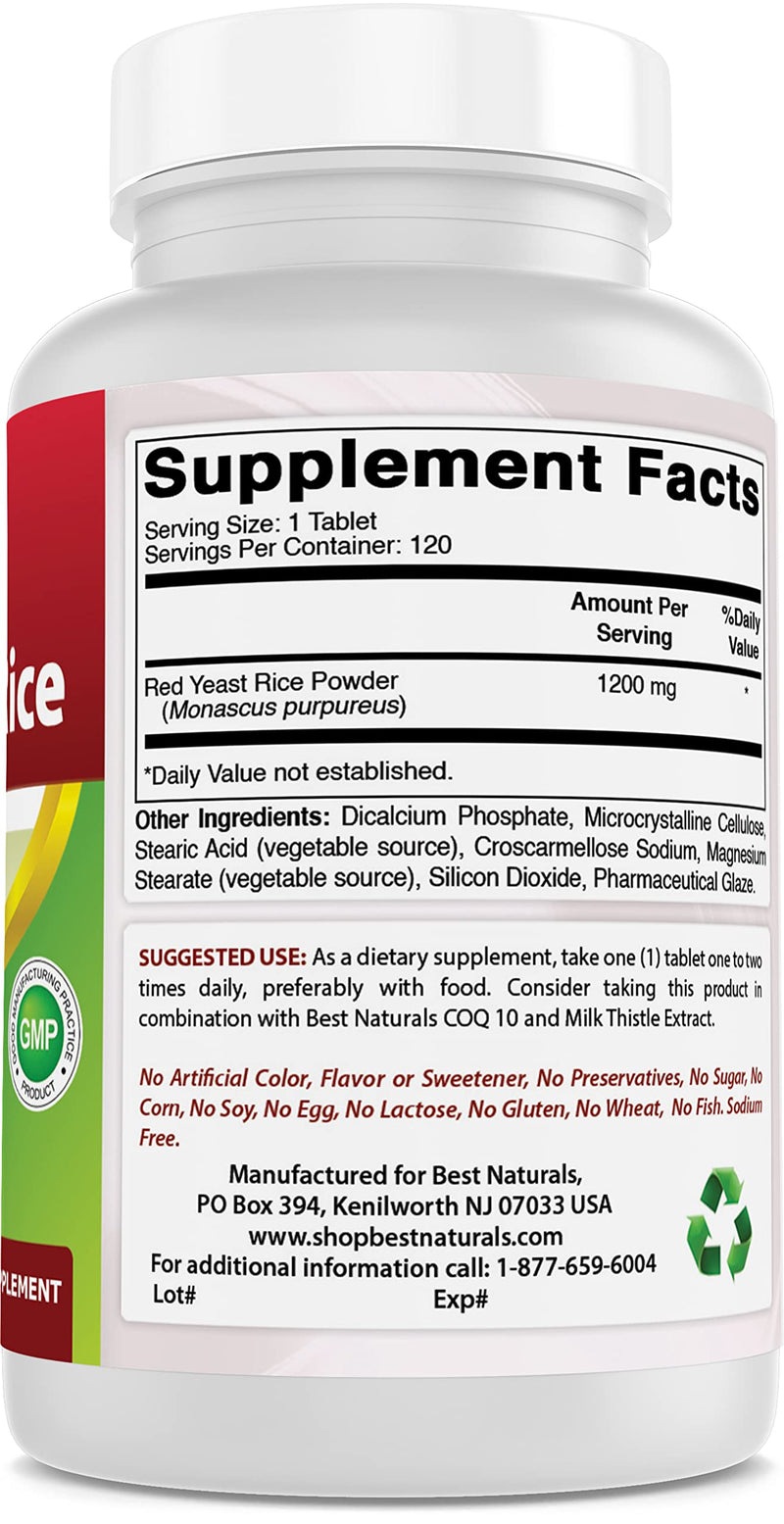 Best Naturals Red Yeast Rice Cholesterol Support 1200 mg (Non-GMO) 120 Tablets 120 Count (Pack of 1) - NewNest Australia