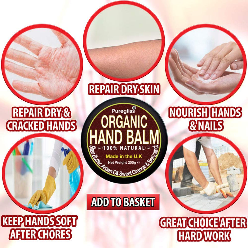 Organic Shea Butter Hand & Body Balm for Very Dry Hands + Argan Oil by NatriGlo -Puregliss |200g| Moisturiser Cream for Dry Skin| Working Hands| Cracked Skin & Nails+ Olive Oil, Orange & Bergamot - NewNest Australia