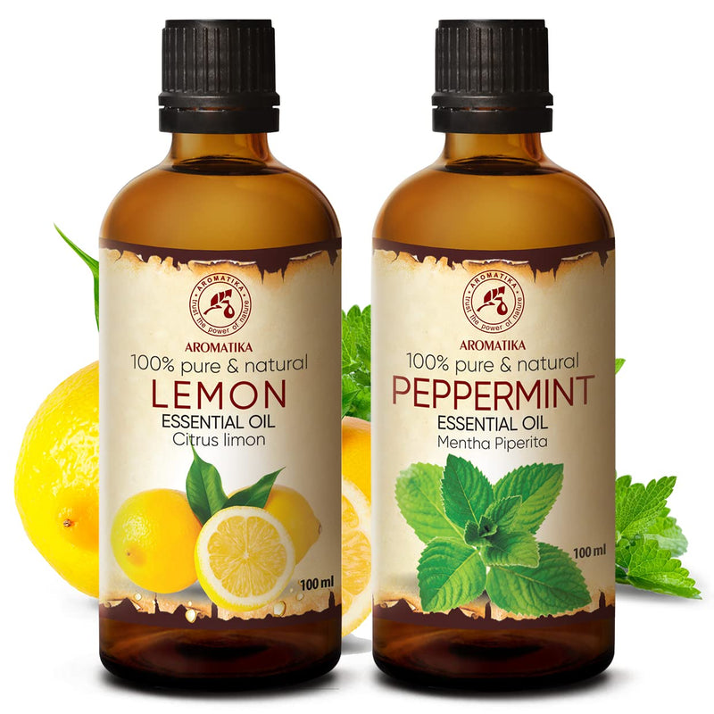 Peppermint Oil 100 Ml & Lemon Oil 100 Ml - Mentha Piperita - Citrus Lime - Pure Fragrance Oils Gift Set For Humidifier - Hair & Skin Care - Aromatherapy - Oil Burner - Diffuser - NewNest Australia