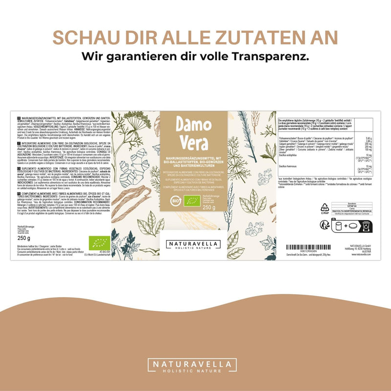 DamoVera® The organic intestinal treatment from the experts | Premium complex of organic fiber, organic spices and bacterial cultures I High dosage, vegan and laboratory tested, 250g - NewNest Australia