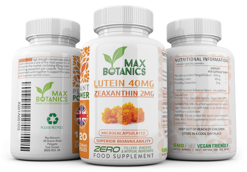 Lutein 40mg with Zeaxanthin 2mg | Microencapsulated | High Strength | 120 Capsules | Natural Eye Support | No Additives | Vegan | UK Made | GMP (120 Capsule Bottle) 120 Count (Pack of 1) - NewNest Australia