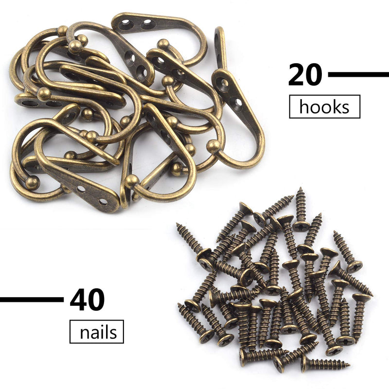 NewNest Australia - Hendevl 20 Pieces Wall Mounted Hook Robe Hooks Single Coat Hanger and 40 Pieces Screws, Bronze Color 