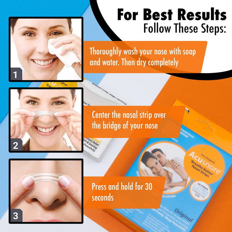 Anti Snore Strips Acusnore® Nose Strips for Snoring Suitable Snoring Aids for Men & Women Includes 105 Breathe Better Nasal Strips for Better Sleep (x3 Packs of 35) (S/M) S/M - NewNest Australia