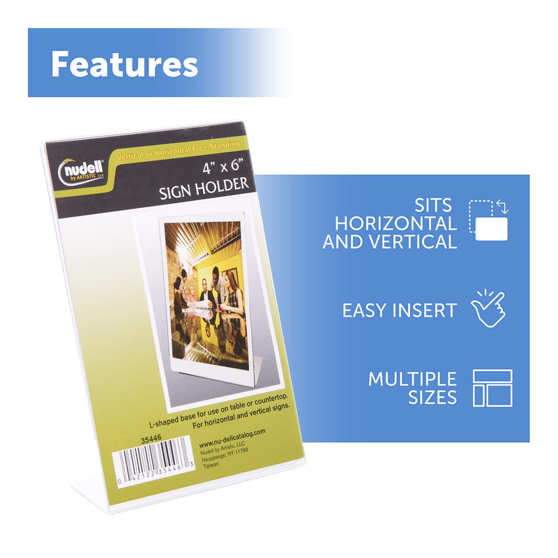 NuDell 4" x 6" L-Shaped Slanted Sign Holder - Self-Standing Ad Frame, Clear (35446) 4-inch x 6-inch - NewNest Australia