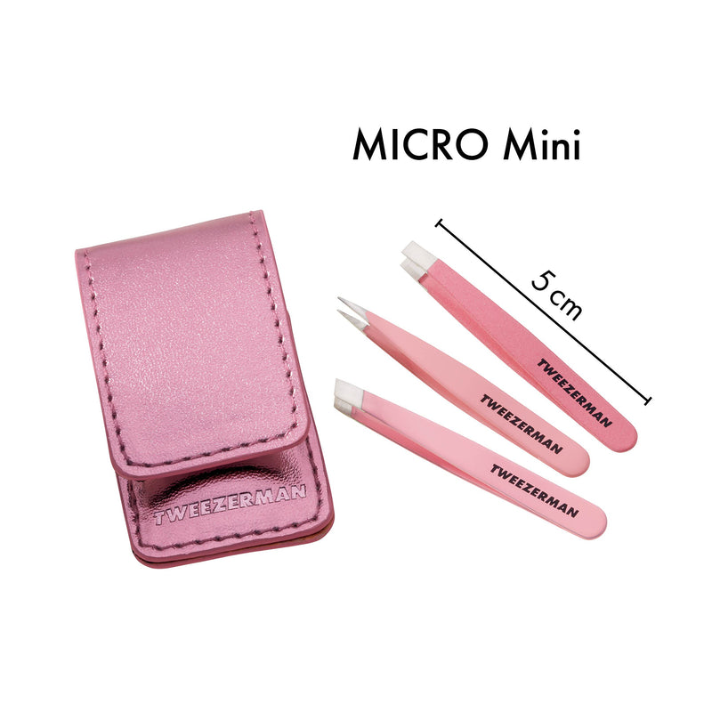 TWEEZERMAN mini tweezers set, 3 pieces for eyebrow plucking for travel and on the go, pink - NewNest Australia