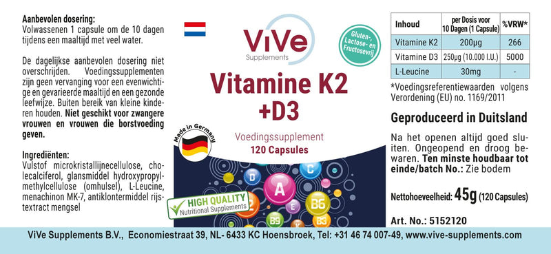 Vitamin K2 200 mcg Menaquinone MK7 + D3 10,000 IU Depot - 120 capsules, high dose, only one capsule every 10 days | Quality from Germany from ViVe Supplements - NewNest Australia