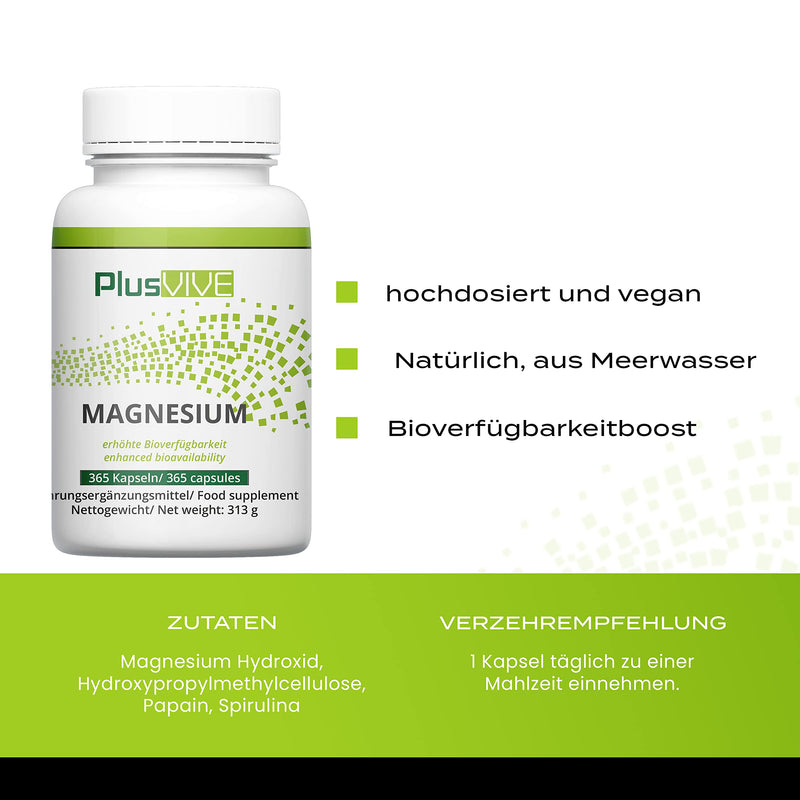 PlusVive - Magnesium 365 capsules high dose 700mg from sea water with enzyme algae matrix, laboratory tested, vegan - NewNest Australia