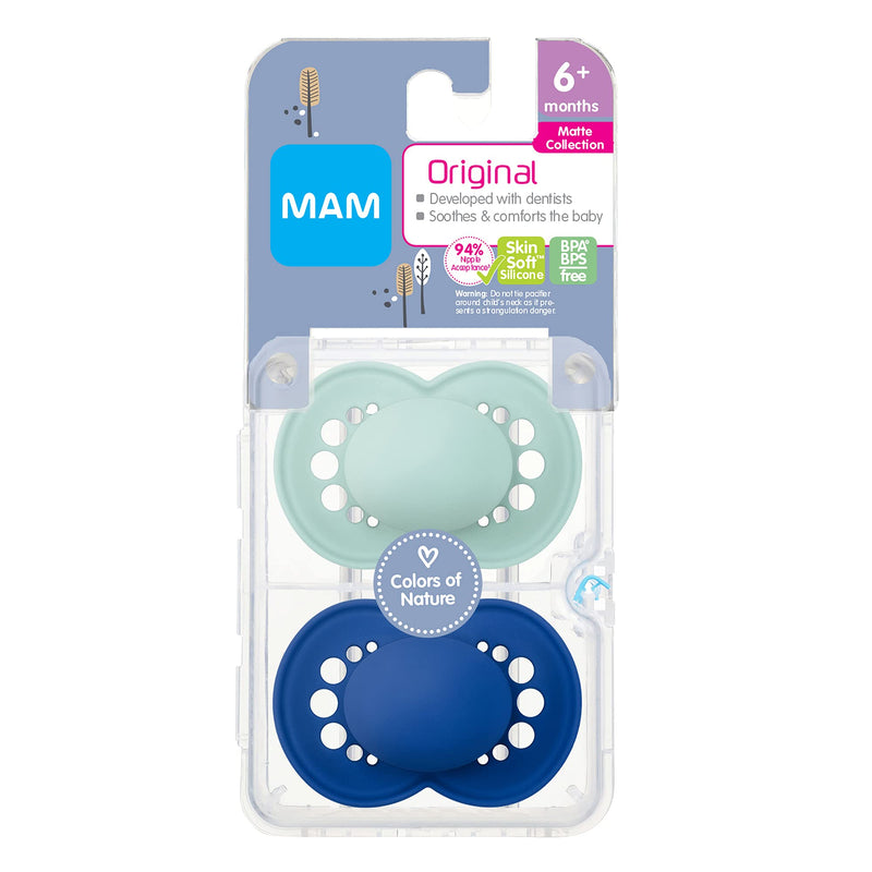 MAM Original Matte Baby Pacifier, Nipple Shape Helps Promote Healthy Oral Development, Sterilizer Case, 2 Pack, 6-16 Months, Boy Boy 1 6+ Month - NewNest Australia