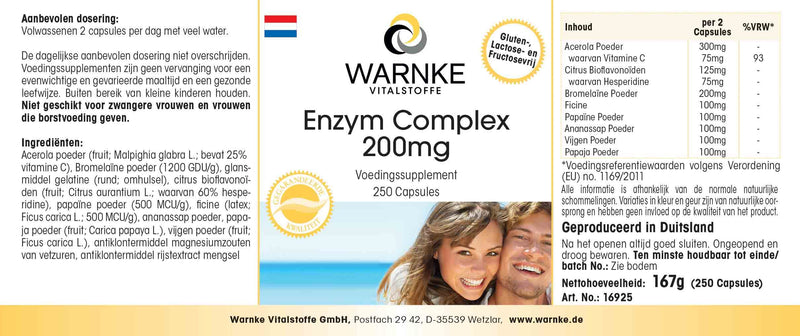Enzyme Complex Capsules - Bromelain, Papain & Ficin - Vegan - Vegetable Enzymes Plus Acerola & Bioflavonoids - High Dose - 250 Capsules - Bulk Pack Warnke Vital Substances - NewNest Australia