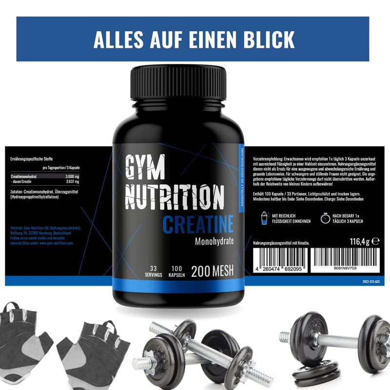 CREATINE (CREATINE) CAPSULES Caps - Creatine Caps high dosage I 100% Pure Creatine Monohydrate - Mesh 200 - Vegan Bottled in Germany - - NewNest Australia