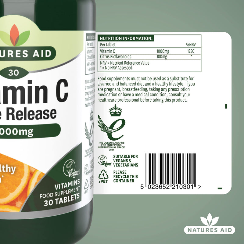Natures Aid Vitamin C, Time Release 30 Tablets, 1000 mg (with Citrus Bioflavonoids, Slow Release, for the Normal Function of the Immune System, Vegan Society Approved, Made in the UK) - NewNest Australia